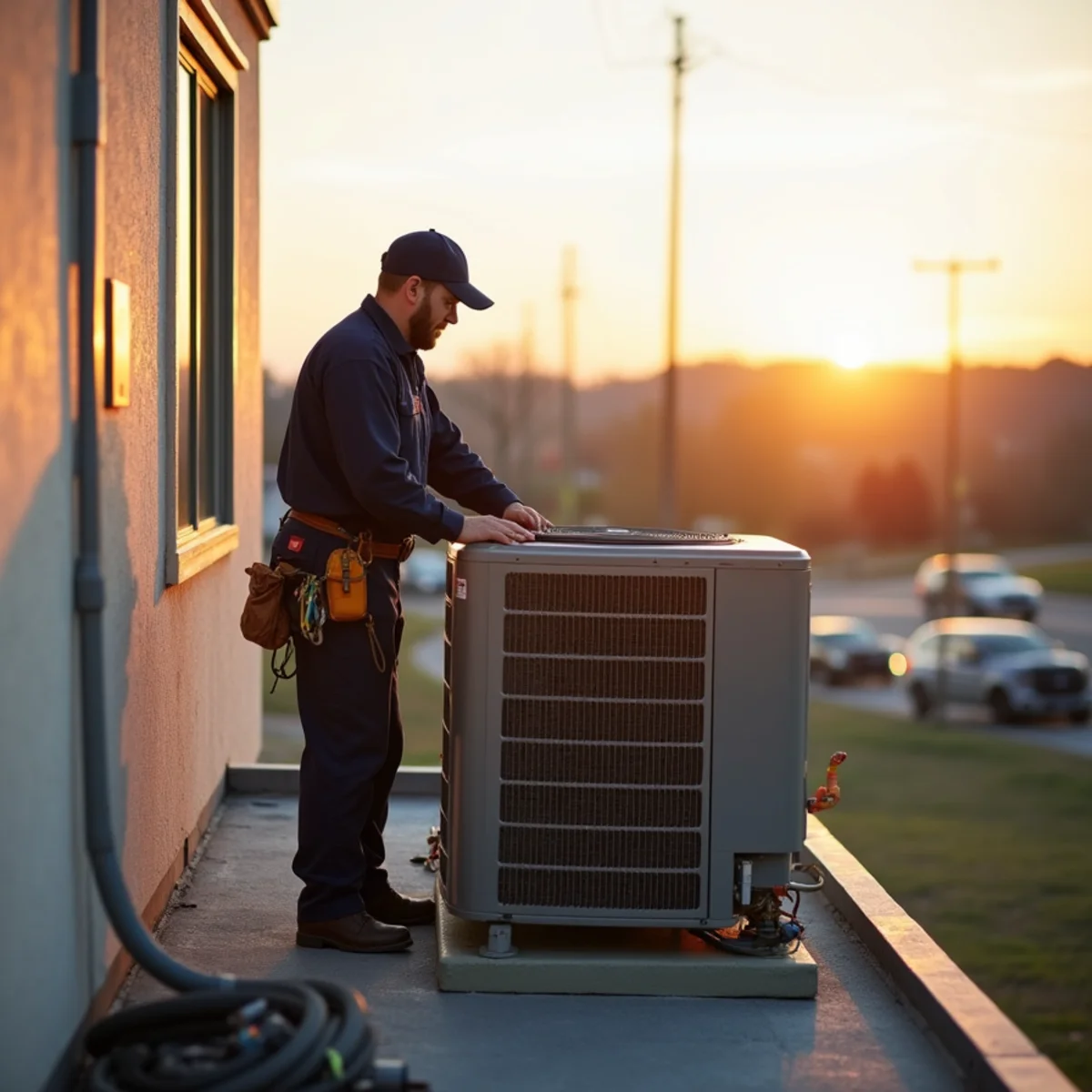 Technician servicing a rooftop unit on a small business building in Carlisle, PA