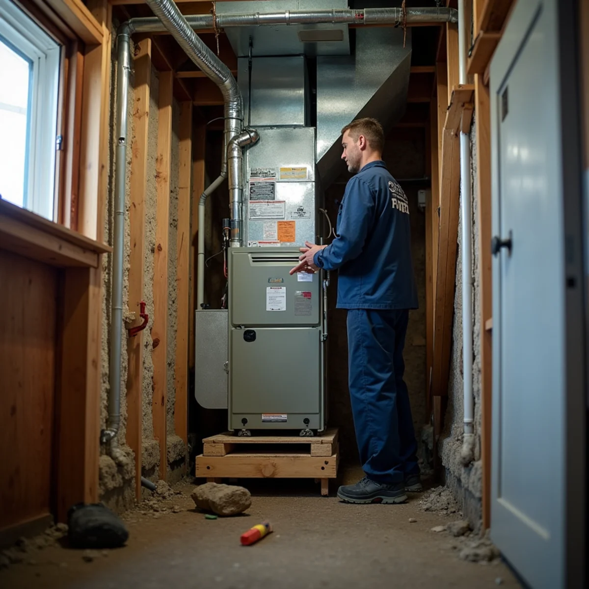 Furnace raised on a platform above the flood line in a Conodoguinet Creek basement near Carlisle, PA