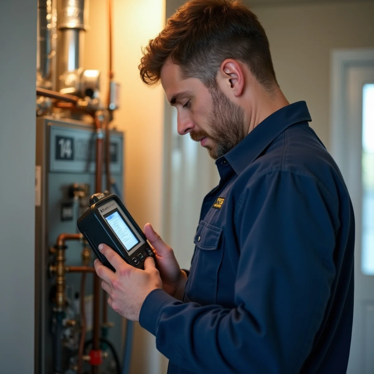 Technician performing a fall furnace tune-up with a combustion analyzer in Carlisle, PA