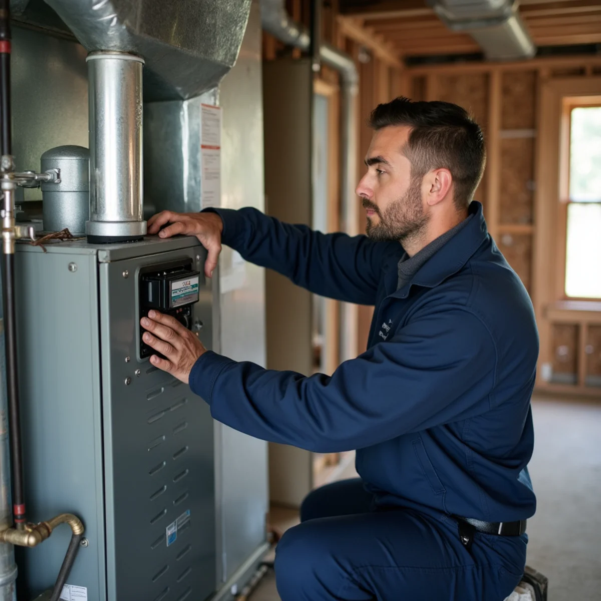 Technician installing a matched furnace and evaporator coil during a full HVAC system replacement in Carlisle, PA