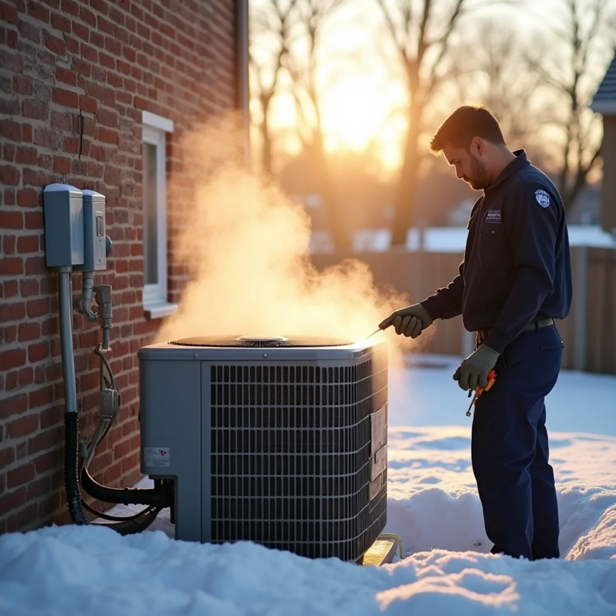 Heat pump outdoor unit steaming during a defrost cycle on a winter day in Carlisle, PA