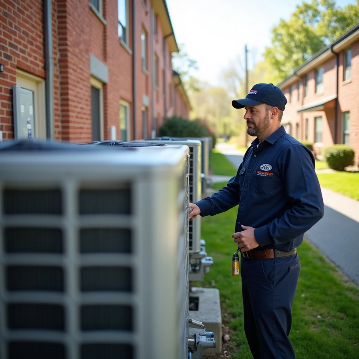 Multiple ductless mini-split outdoor units serving apartments in a converted Carlisle, PA building