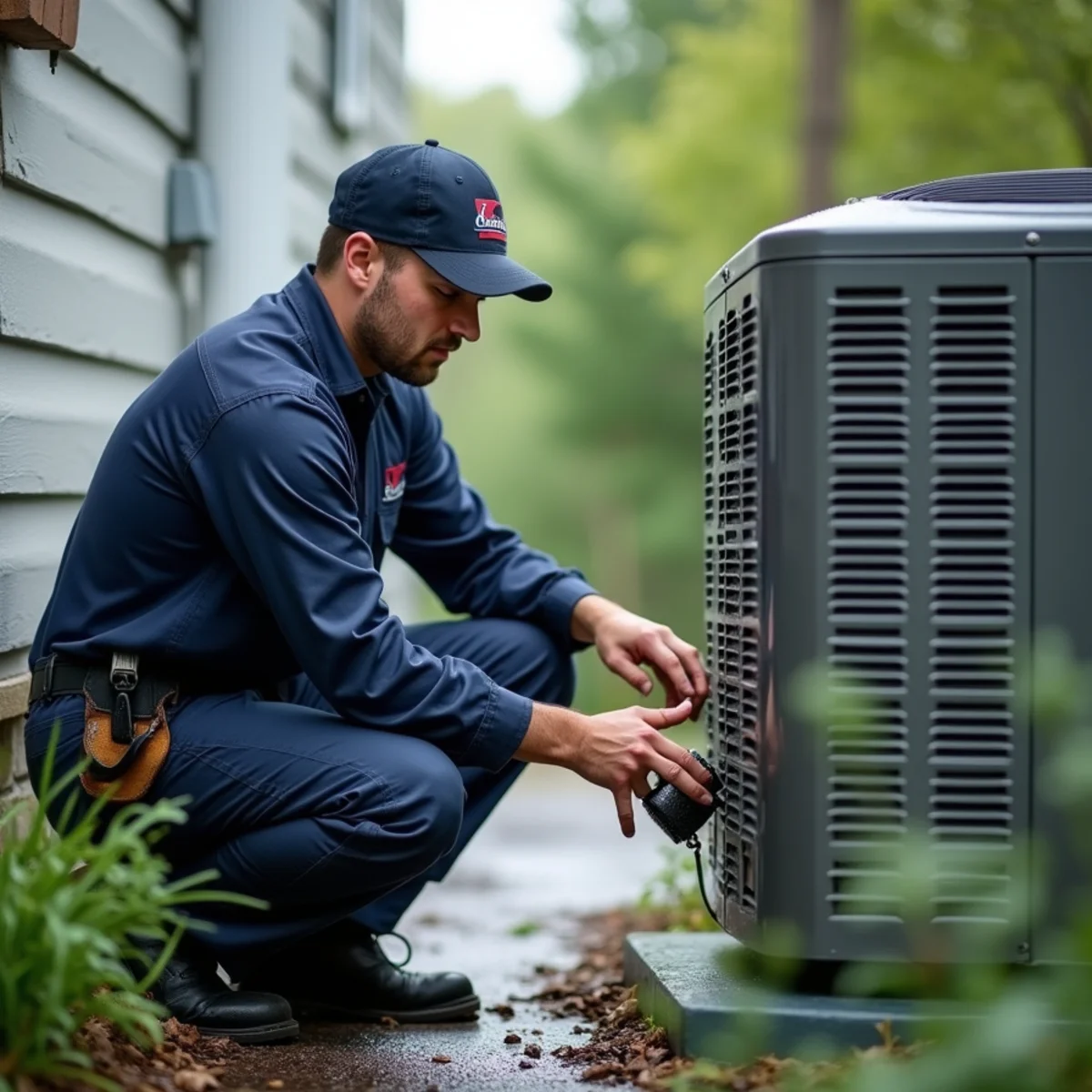 Technician cleaning a condenser coil during a spring AC tune-up in Carlisle, PA