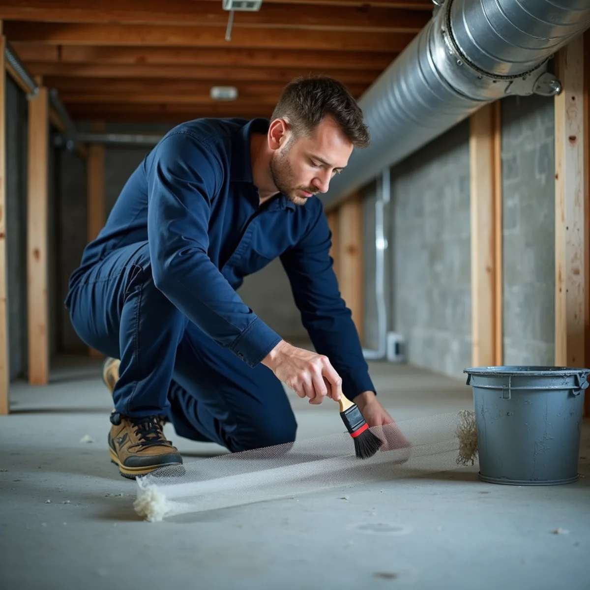 Technician sealing supply ductwork in a Carlisle, PA basement to improve airflow