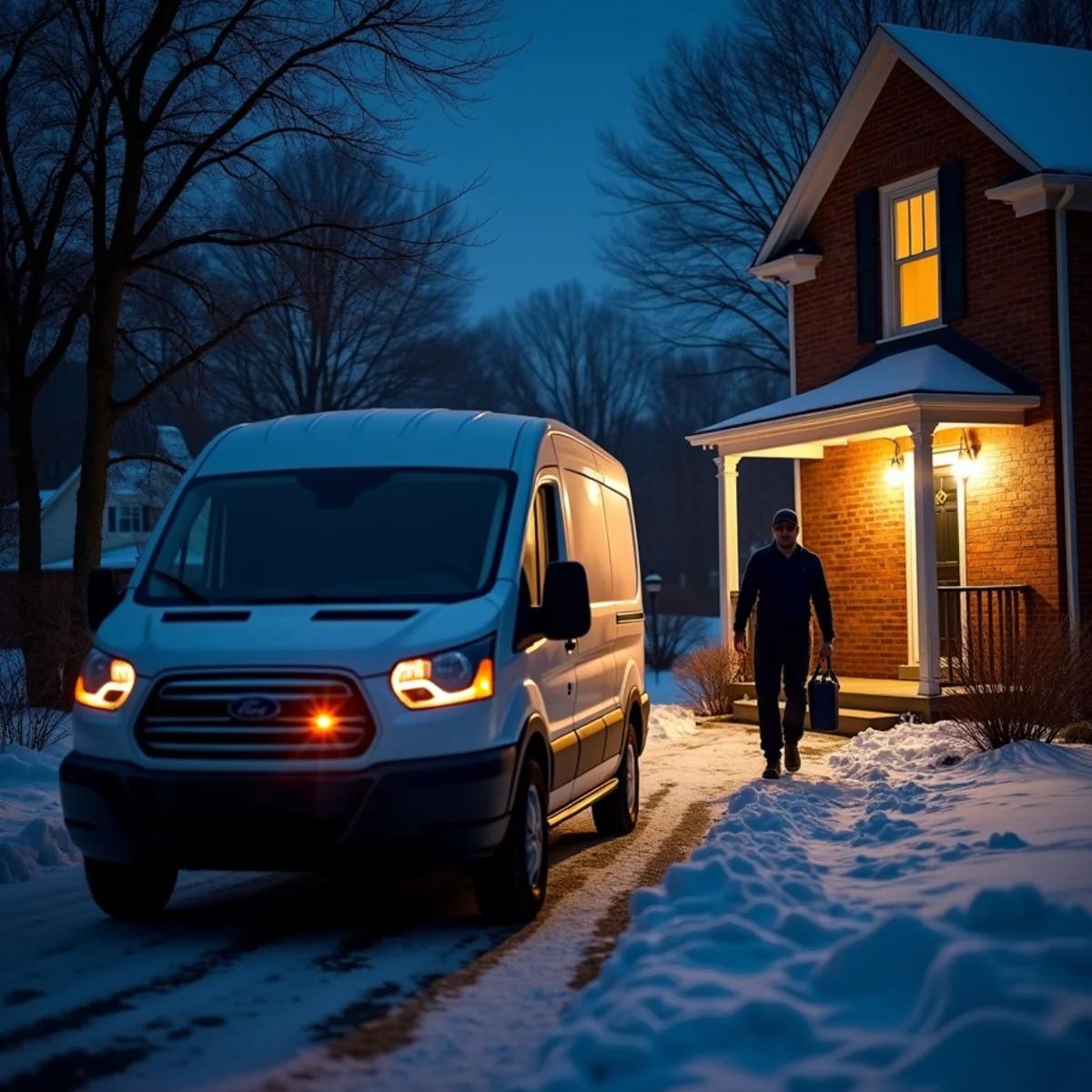 Emergency HVAC technician arriving at a Carlisle, PA home at night