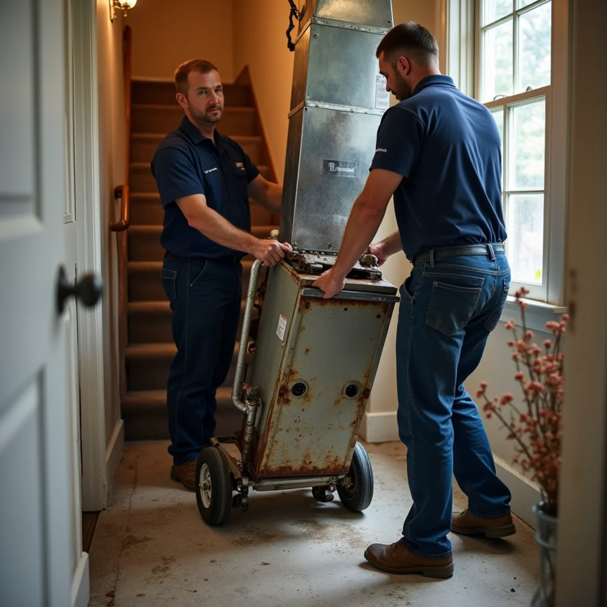 Removing an old furnace during a heating system replacement in Carlisle, PA