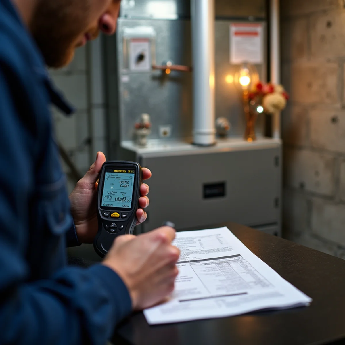 Technician documenting combustion analyzer readings after a furnace repair in Carlisle, PA