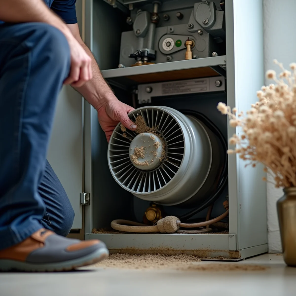 Cleaning a blower assembly during an HVAC tune-up in Carlisle, PA