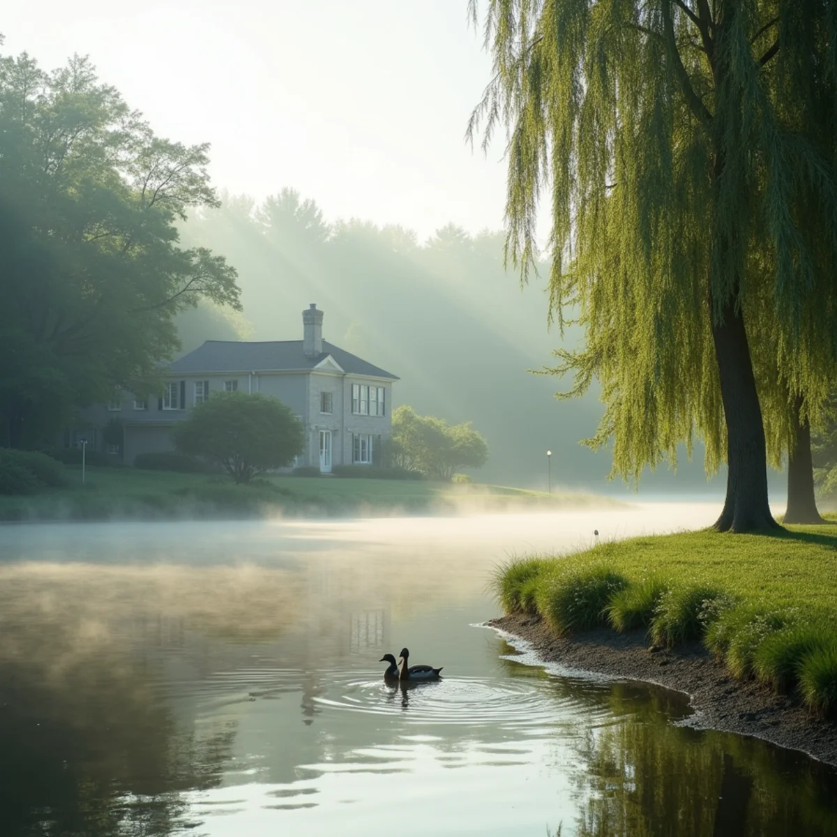 Summer humidity rising off the lake in the village of Boiling Springs, PA