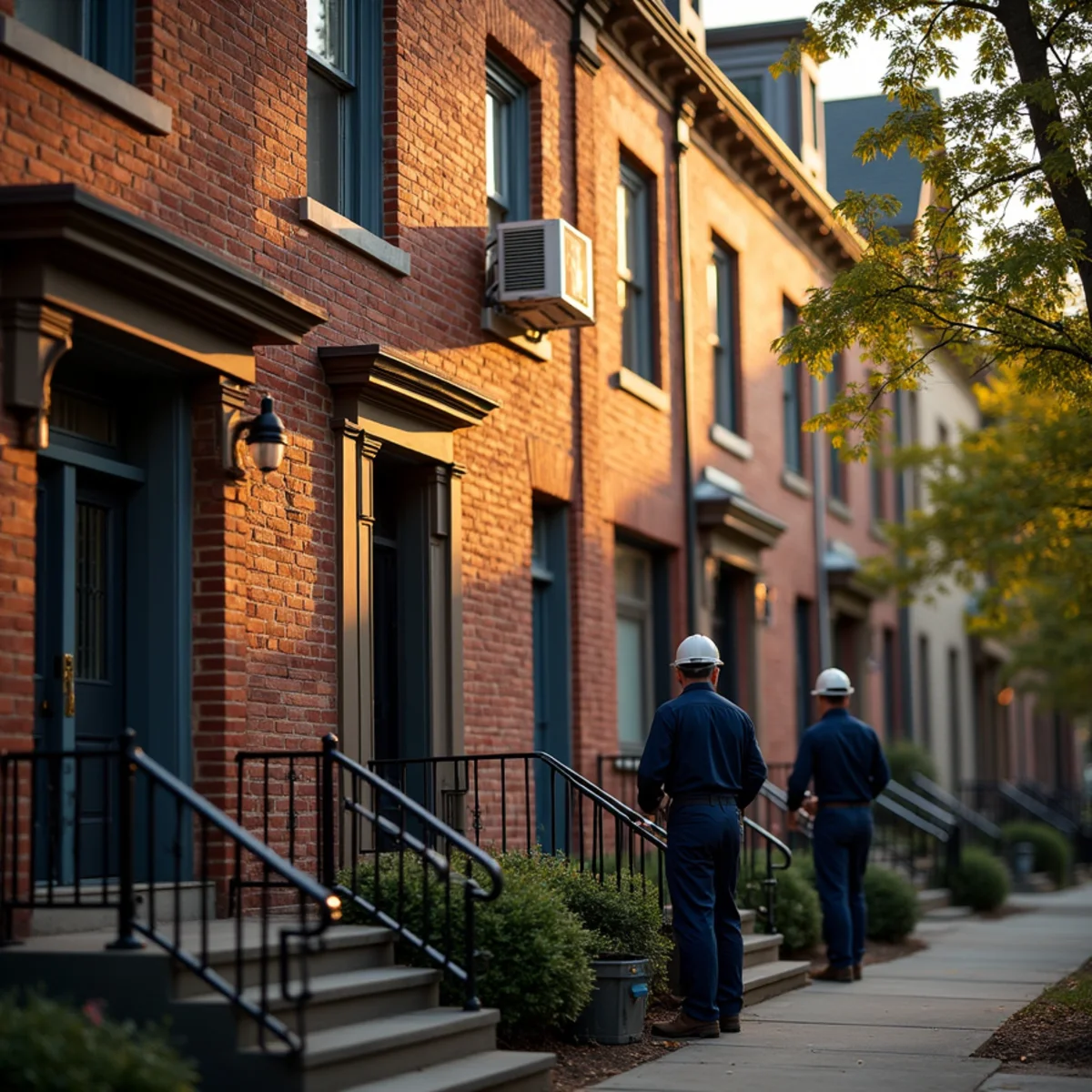 Brick mass holding summer heat into the evening in York, PA rowhome blocks